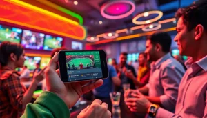 Aktifitas taruhan SBOBET88 dengan smartphone dan orang-orang antusias dalam suasana energik.