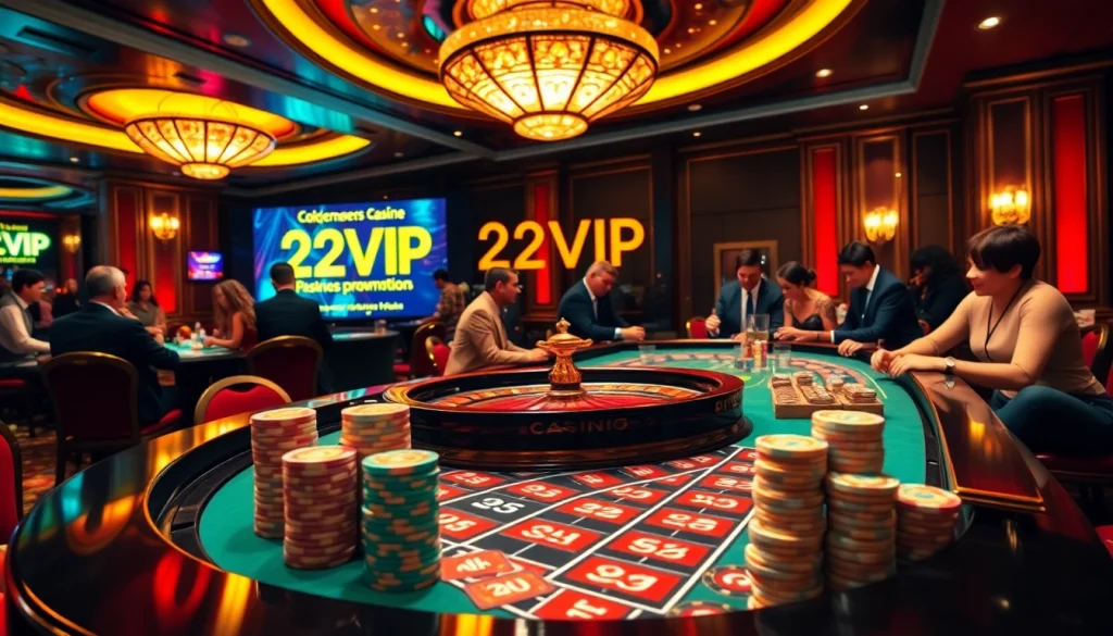 Experience the thrill of 22VIP with bustling casino action, poker chips, and roulette tables.