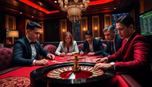 Players enjoying KJC gaming at a luxurious casino table filled with poker chips and cards.