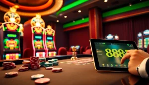 Engage with the thrilling world of 888VI at a luxurious casino table filled with vibrant poker chips and a roulette wheel.
