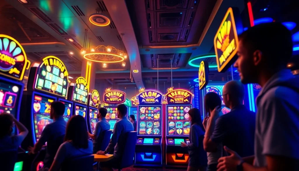 Exciting gaming environment featuring hoki138 online slot machines with vibrant visuals and animated players.