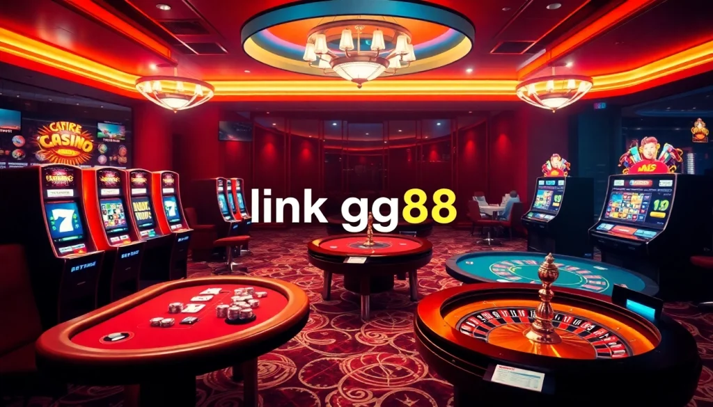 Players enjoying games at an online casino featuring link gg88, vibrant slot machines, and poker tables.