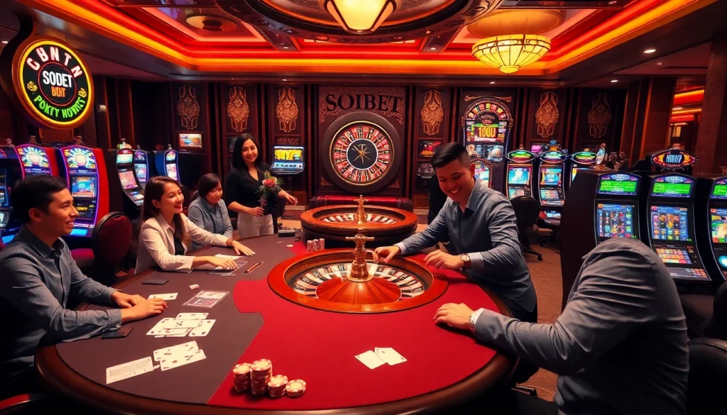 Players enjoying a thrilling game at SOIBET casino table with vibrant slots and roulette.