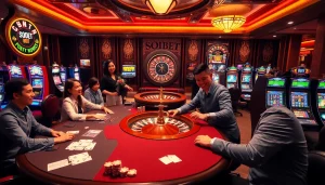 Players enjoying a thrilling game at SOIBET casino table with vibrant slots and roulette.
