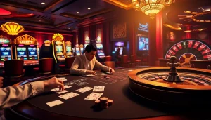 Players enjoying poker at THABET casino with slot machines and roulette in an elegant setting.