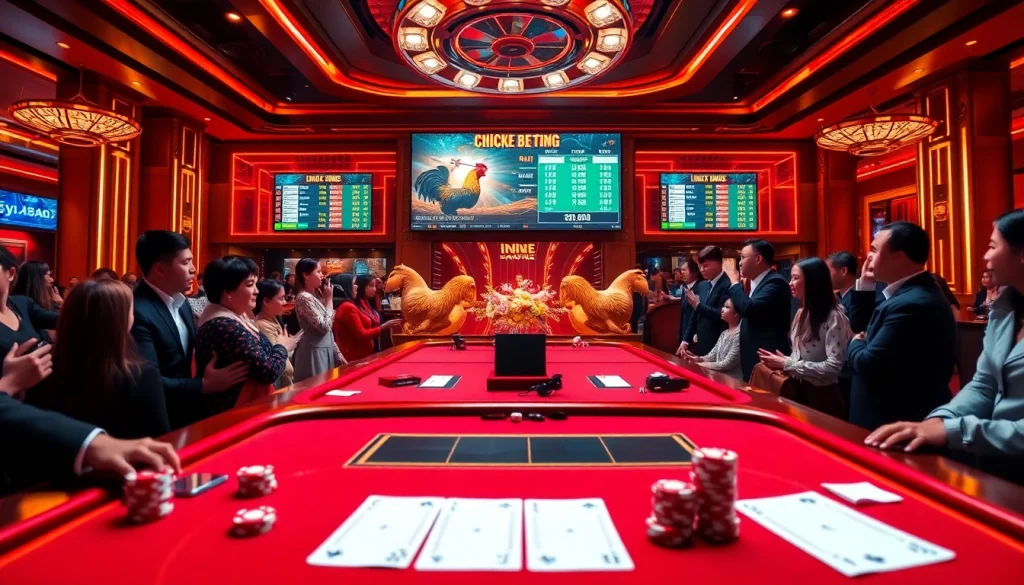 Engaging action in Đá Gà BJ38 betting, showcasing a lively chicken fighting scene in an upscale casino.