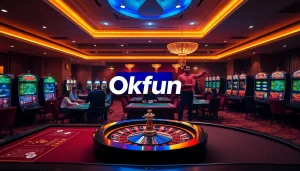 Engage in high-stakes poker at Okfun’s lively online casino, showcasing vibrant gameplay.