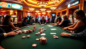 Experience the thrill of pg 99 gaming with players at a luxurious casino table, surrounded by vibrant slot machines.