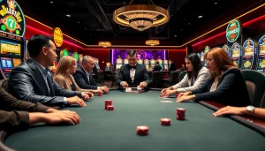 Players at a high-stakes table strategizing in a vibrant casino, inspired by https://do666.at.