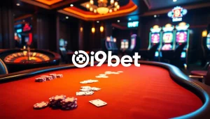 Experience the thrill of betting at i9bet's glamorous poker table surrounded by colorful casino elements.