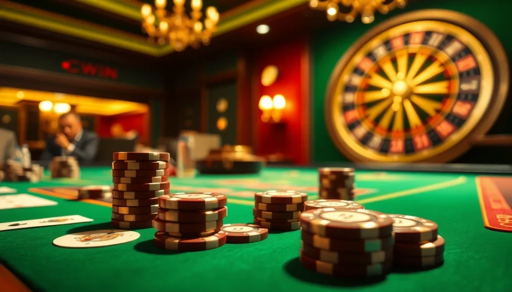 Experience thrilling poker gameplay at a casino featuring cwin betting slips and luxurious decor.