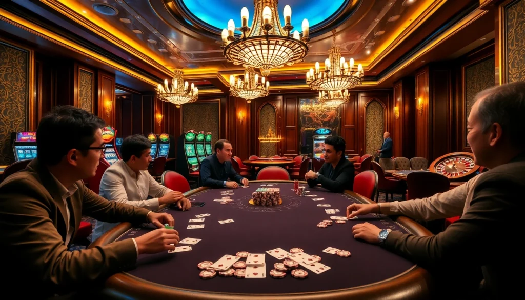 Players strategizing at a poker table in a luxurious casino setting, showcasing ww88's thrilling gaming environment.