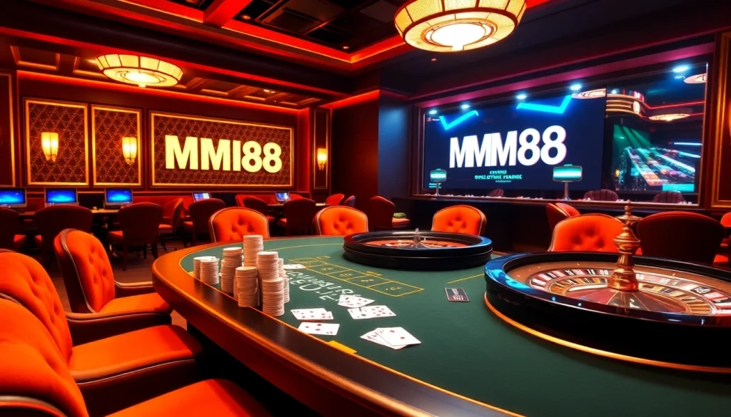 Experience the thrill of gambling at Trang chủ MM88, featuring vibrant casino tables and poker chips.