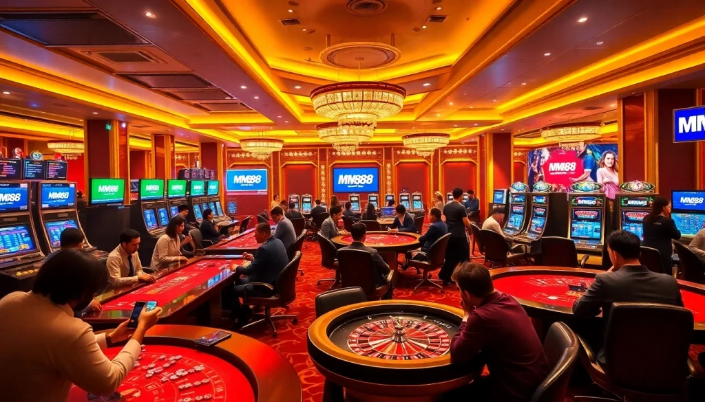 Players enjoying games at MM88 casino, with vibrant atmosphere and excitement.
