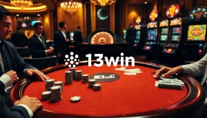 Exciting poker game experience at 13win with vibrant chips and cards.