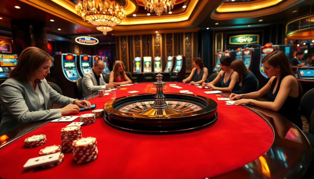 TOPVIP casino scene with engaging players at gaming tables, showcasing luxury and excitement.