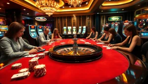 TOPVIP casino scene with engaging players at gaming tables, showcasing luxury and excitement.