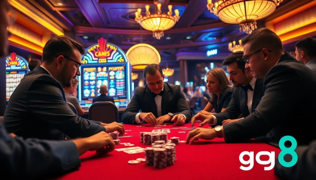 Players enjoying a thrilling poker game at GO8 casino, surrounded by vibrant energy and luxury.