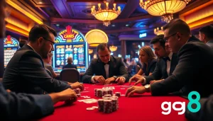 Players enjoying a thrilling poker game at GO8 casino, surrounded by vibrant energy and luxury.
