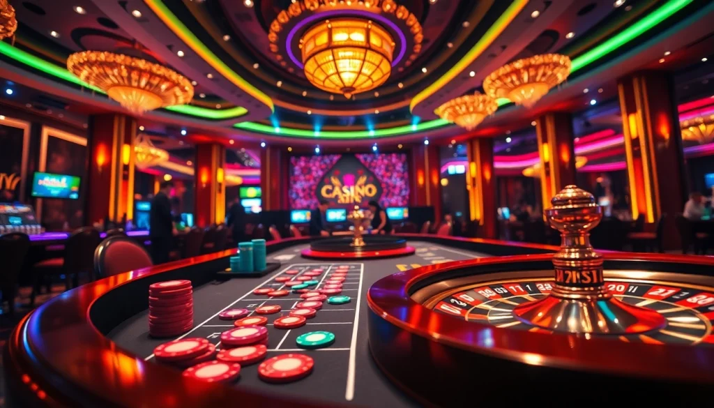 Intense casino action at nhà cái c168 with vibrant poker chips and roulette wheel.