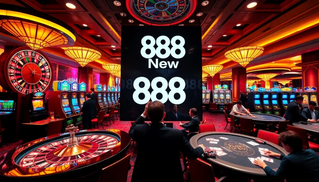 Experience the thrill of gaming at 888 New with vibrant casino tables and engaging players.
