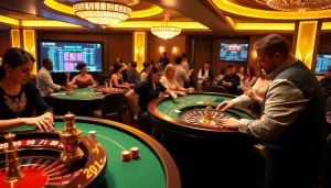 KJC casino scene with vibrant tables, poker chips, and roulette wheels showcasing excitement in gambling.