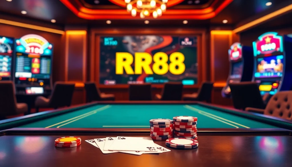 RR88 players engaging in a high-stakes poker game at a luxurious casino table with vibrant chips.