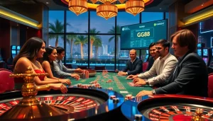 Players enjoying high-stakes gaming at GG88 casino with vibrant slot machines and poker tables.