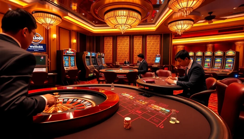 Hello88 enthusiasts placing bets at a glamorous casino table full of excitement.