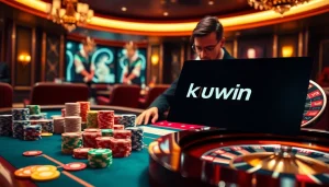 Kuwin gaming excellence showcased with a luxurious casino table filled with chips and cards.