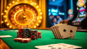Experience the excitement of luxury gaming at https://kjc.solutions/ with vibrant casino elements like poker chips and roulette wheels.