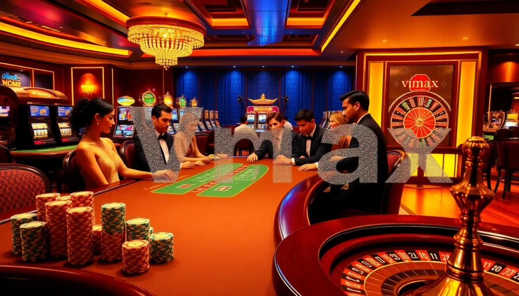 Engaged players enjoying a thrilling game at a Vmax casino blackjack table surrounded by vibrant slots.