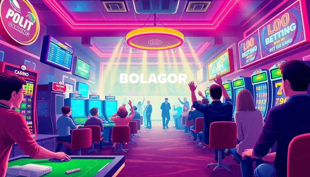 Exciting bolagacor online gambling scene with live games and cheering players.