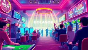 Exciting bolagacor online gambling scene with live games and cheering players.