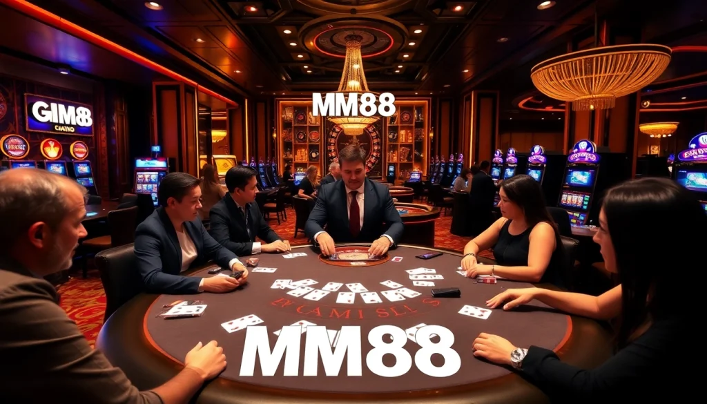 Players enjoying poker at MM88's live casino table featuring vibrant decor and thrilling action.