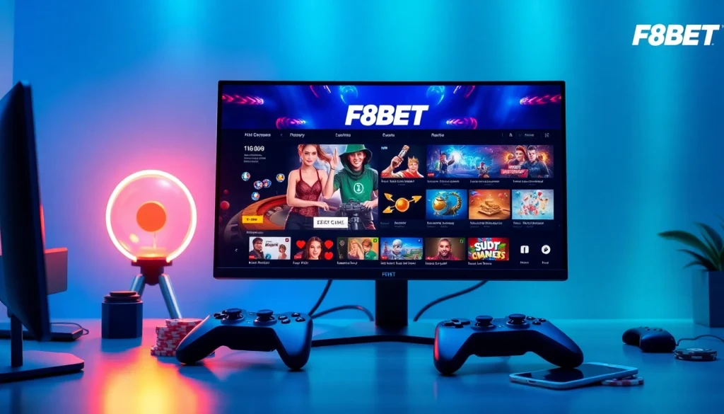 Engaging online gaming setup featuring F8BET branding, showcasing casino games and esports.