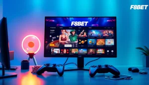 Engaging online gaming setup featuring F8BET branding, showcasing casino games and esports.