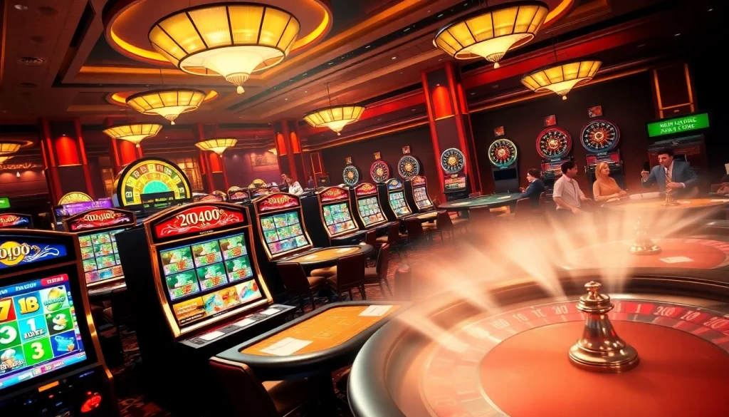 Players enjoying exciting gambling games at 888TO casino with vibrant slot machines and poker tables.