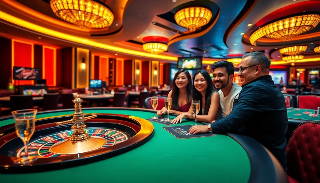 Experience the excitement of new 88 with a vibrant casino scene filled with gaming tables and joyful players.