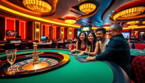 Experience the excitement of new 88 with a vibrant casino scene filled with gaming tables and joyful players.