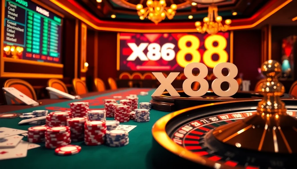 Players engaging in exciting online gambling at xx88 with poker chips and dynamic odds displayed.
