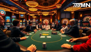 Experience high-stakes action at 789win.apartments casino scene with poker players and vibrant slot machines.