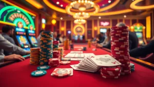 TOPVIP players placing bets at a luxurious casino table surrounded by slot machines and roulette.