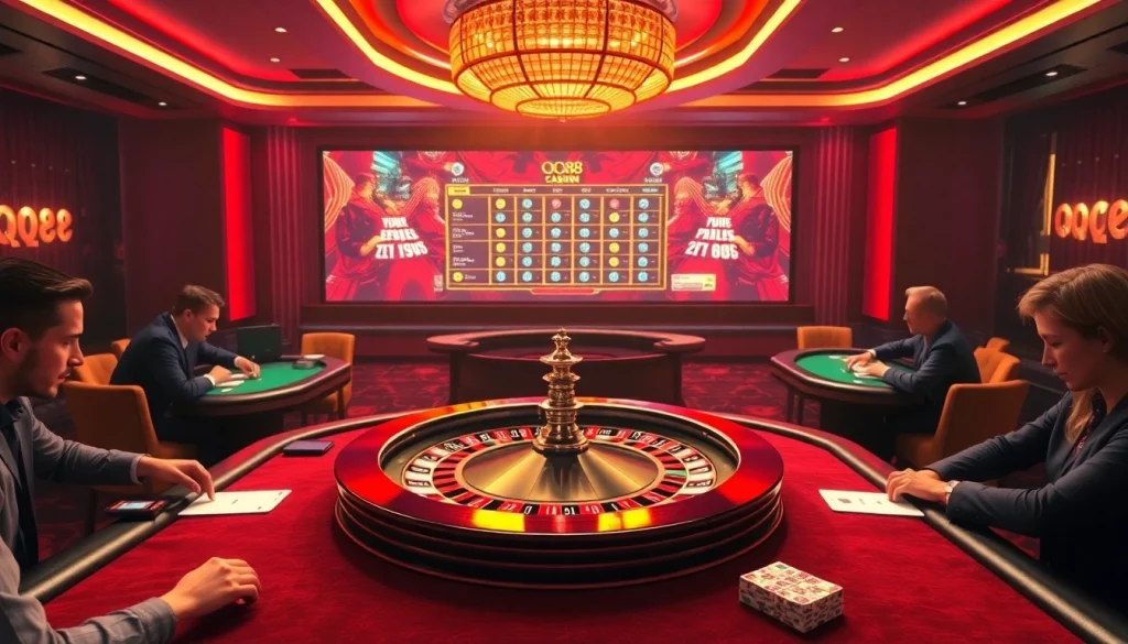 Experience the excitement of QQ88 in a vibrant casino scene featuring poker tables and roulette.