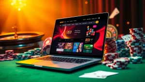 Experience the thrill with Đăng Nhập OK9 on a stylish laptop surrounded by vibrant casino elements.