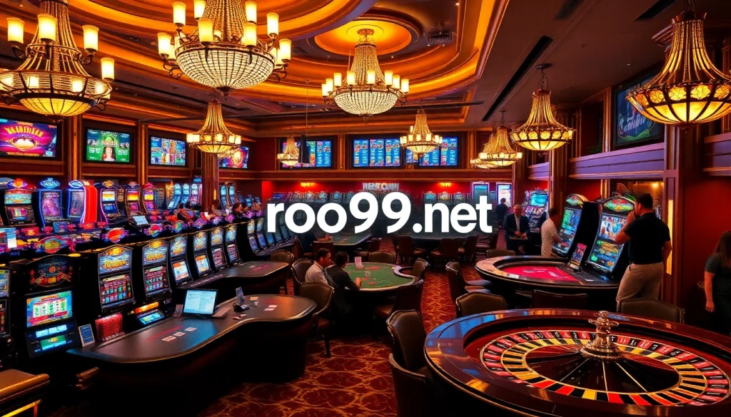 Experience thrilling gaming at roo99.net with vibrant casino tables and slot machines.