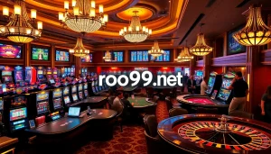 Experience thrilling gaming at roo99.net with vibrant casino tables and slot machines.