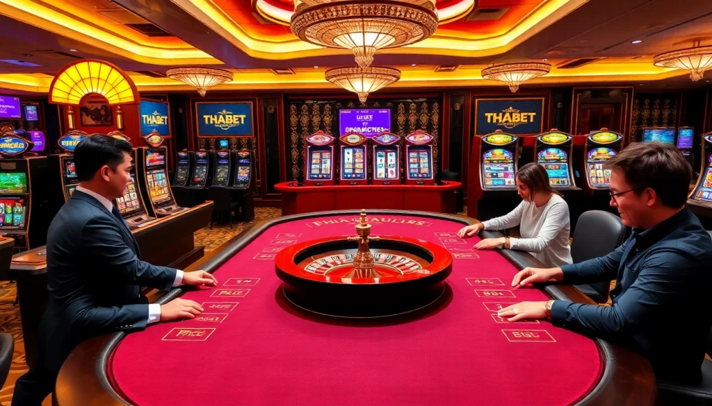 THABET players enjoying an exciting game of poker at a luxurious casino table with vibrant lights.