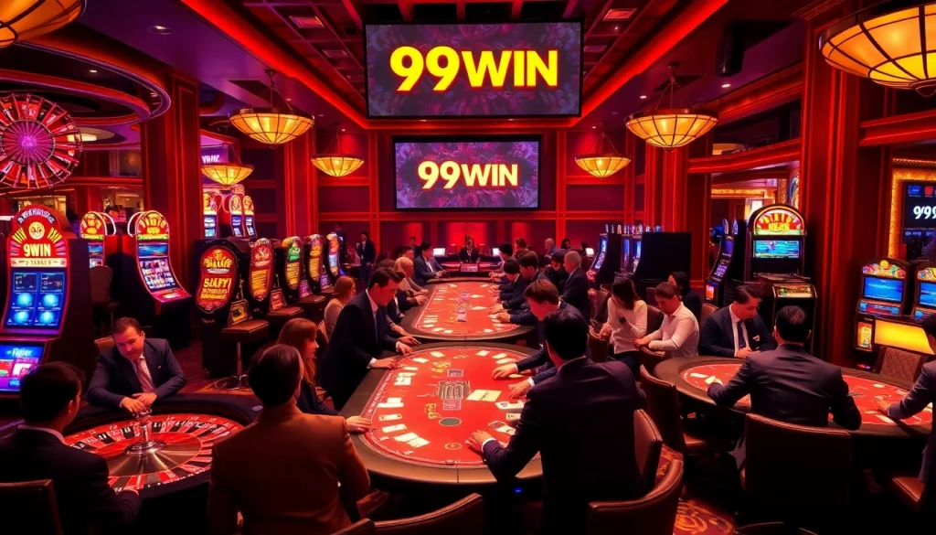 Gambling scene with players enjoying their bets at 99WIN casino tables