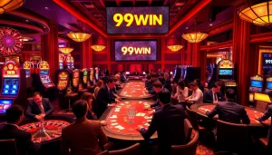 Gambling scene with players enjoying their bets at 99WIN casino tables